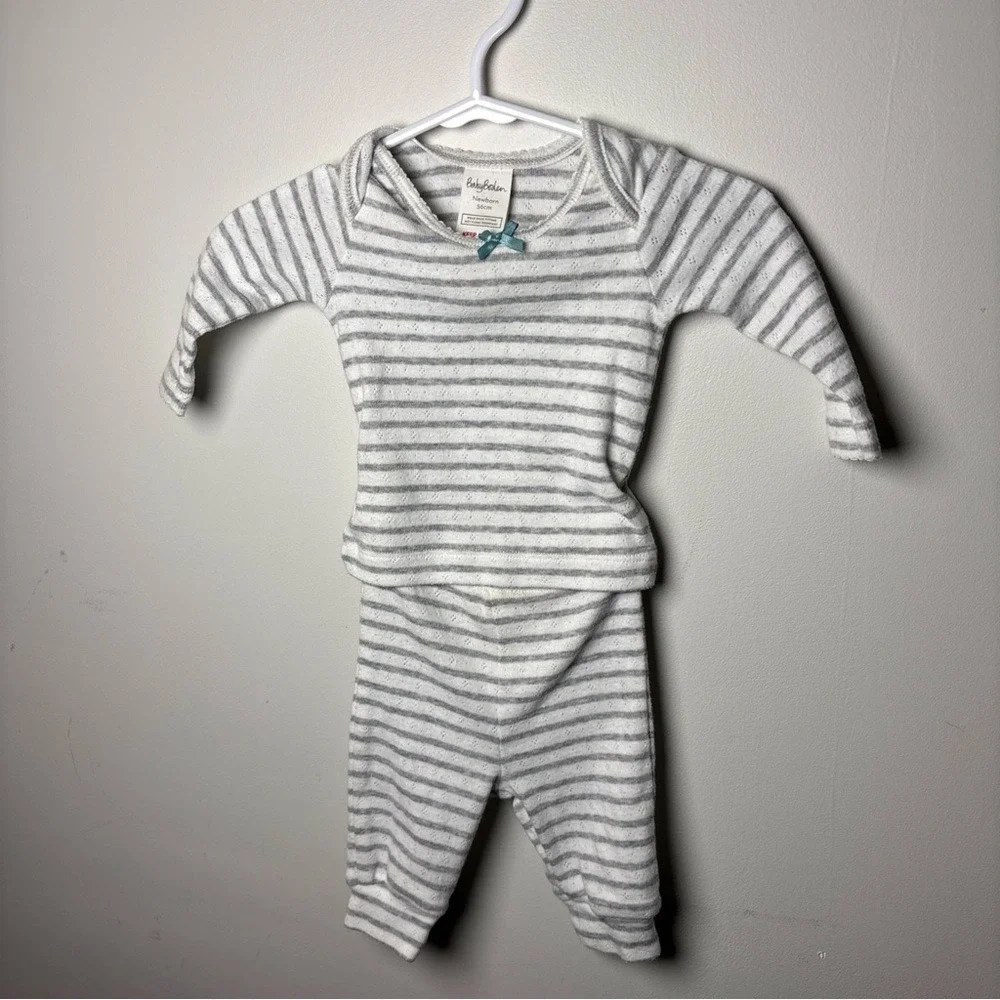 Baby Boden Newborn Lounge Set Gray White‎ Stripe Top & Pants Blue Bow 0‑3M